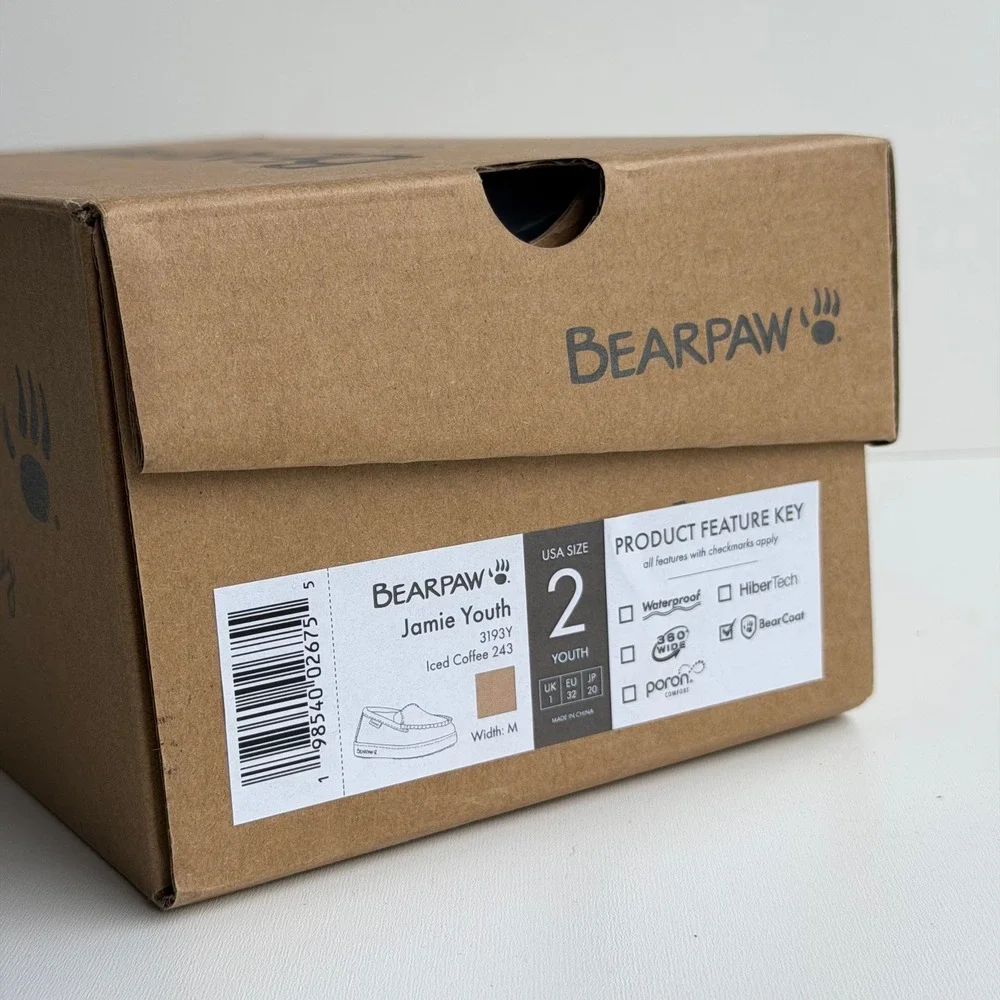 Bearpaw Jamie Youth Slippers Size 2 Iced Coffee Brown Suede Moccasins Faux Fur